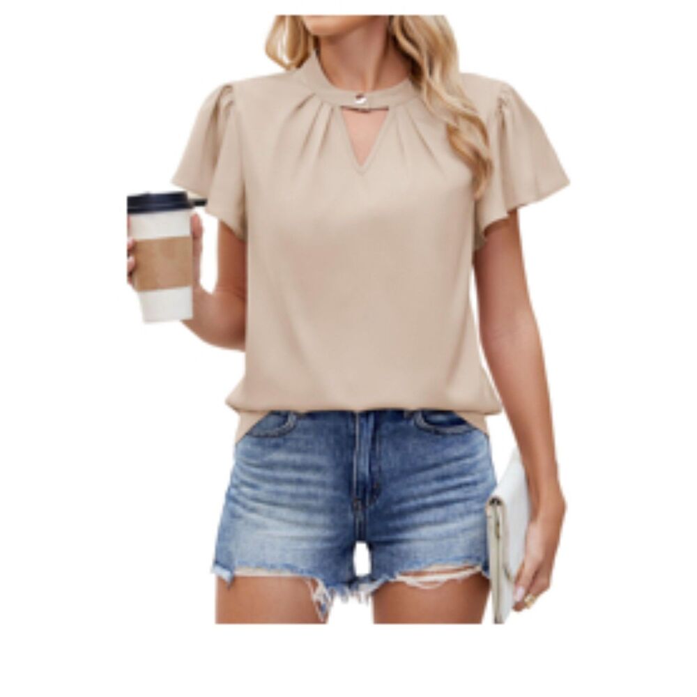 TRENDY SATIN SHORT SLEEVE BUTTON V NECK TOP, SIZE 6, 5H-138T008